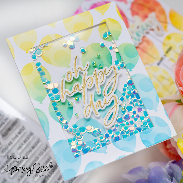 Double Stencil, Balloon, Birthday Cards,Honey Bee Stamps,Balloon Shaker Card,hidden inlaid die cut, happy, how to,handmade card,Stamps,ilovedoingallthingscrafty,stamping, diecutting,cardmaking