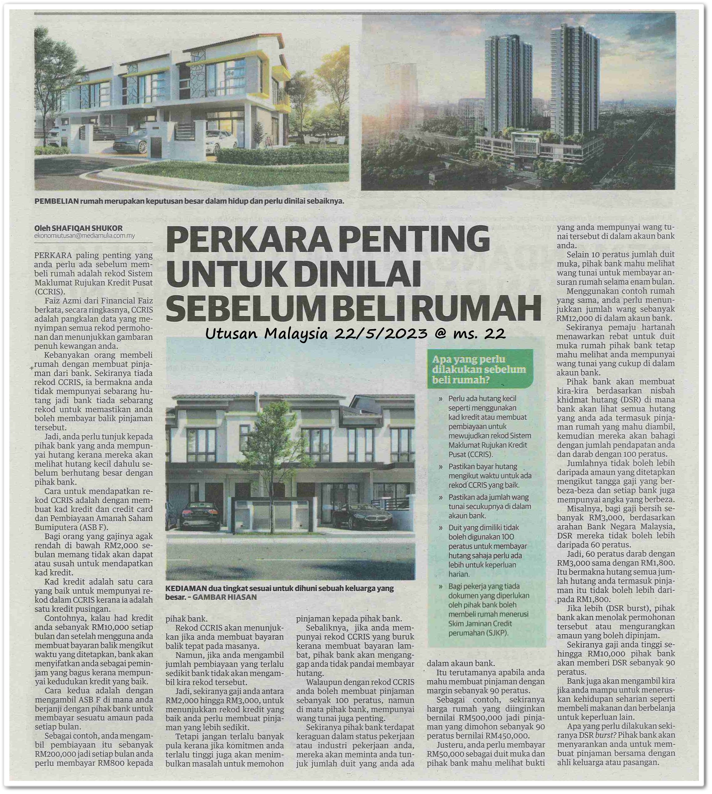 Perkara penting untuk dinilai sebelum beli rumah  - Keratan akhbar Utusan Malaysia 22 Mei 2023
