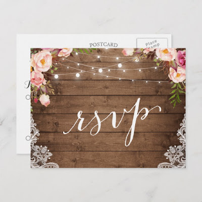  Rustic String Lights Lace Floral Farm Wedding RSVP Invitation Postcard