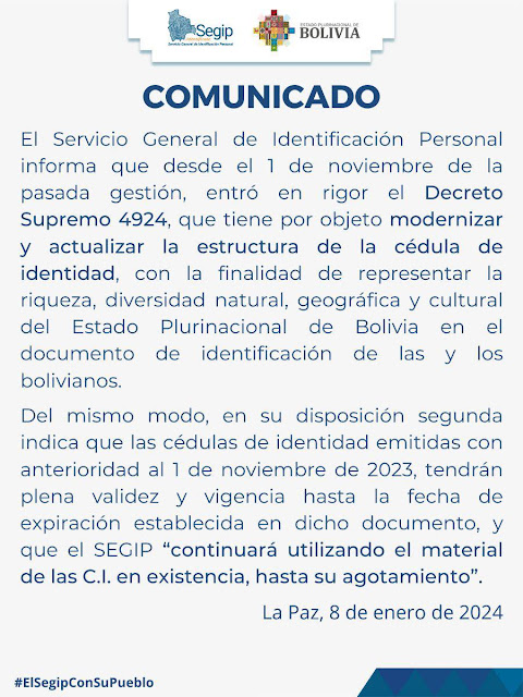 Comunicado del SEGIP sobre la vigencia de los Carnets de Identidad