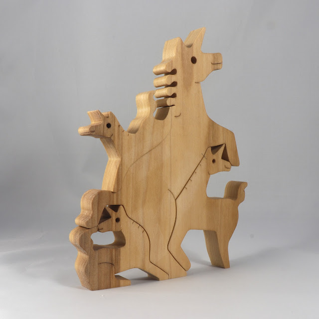 Wood Puzzle, Unicorn Family, Mom, and Babies, Handmade and Finished with Mineral Oil and Beeswax, Freestanding Stackable Toy Fantasy Animal