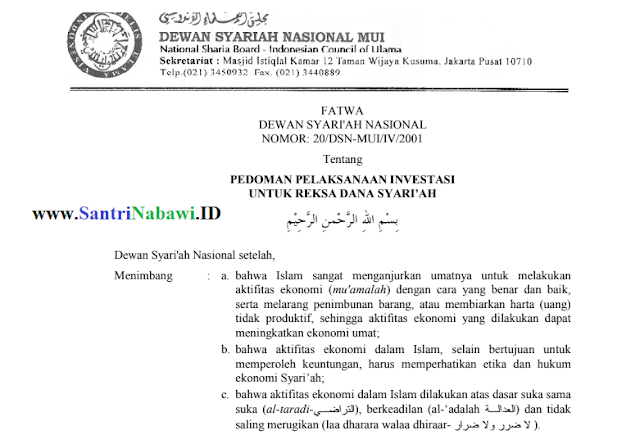 Fatwa DSN MUI No. 20 tentang Pedoman Pelaksanaan Investasi Untuk Reksa Dana Syariah