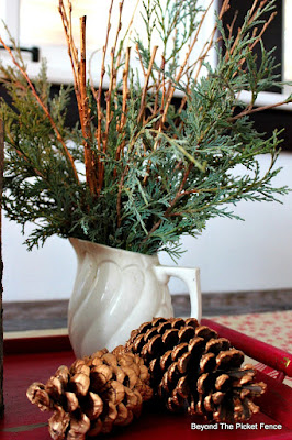woodland, fusion mineral paint, branches, pinecones, DIY, centerpiece, Christmas, http://bec4-beyondthepicketfence.blogspot.com/2015/12/12-days-of-christmas-day-8-woodland.html