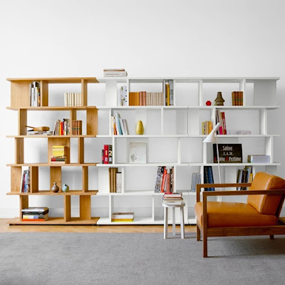 Two colors bookcases with mid-century design style