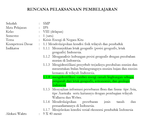 RPP dan Silabus Adiwiyata IPS Kelas 8 Semester Ganjil 