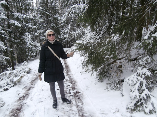 linda stojí v lese na cestě. Všude kolem je sníh.