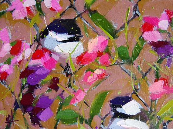 Chickadees and Sweetpeas painting by Angela Moulton