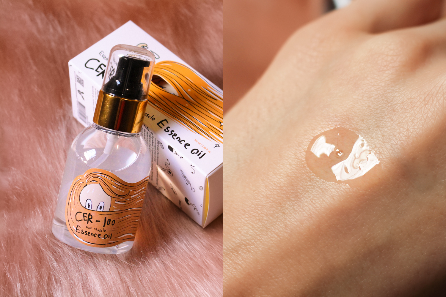 a bottle with cer-100 essence hair oil by k-beauty brand elizavecca and a swatch of this treatment on the skin