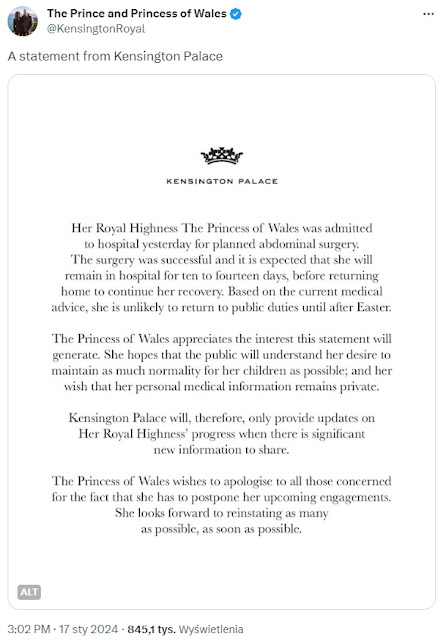 oświadczenie pałacu Kensington dotyczące operacji jamy brzusznej którą przeszła księżna Walii