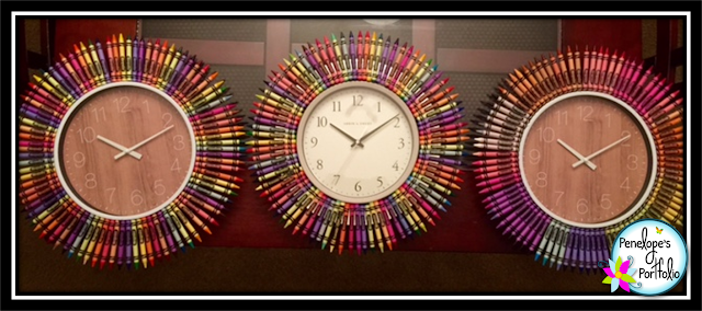 Three different cute and colorful clocks made with crayons on the outside of it