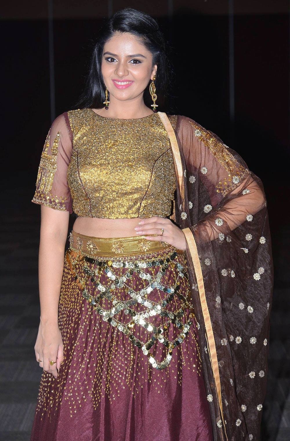 Tv Anchor Sreemukhi Long Hair In Maroon Half Saree Tollywood Stars