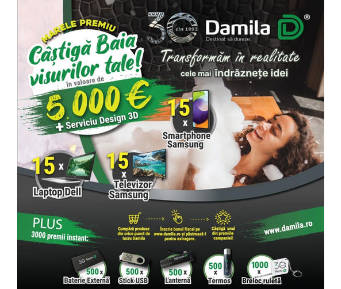 Concurs Damila - Castiga un VOUCHER in valoare de 5000 EURO pentru amenajarea sau reamenajarea baii tale - 2022