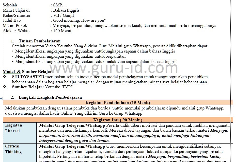 RPP daring bahasa Inggris Kelas 7 Semester Ganjil Format Selembar