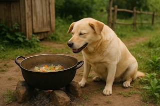 Overweight dog near food pot symbolizing pancreatitis risk