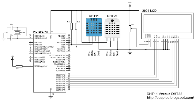 DHT11 versus DHT22 (AM2302) using PIC16F877A and 20x4 LCD circuit CCS