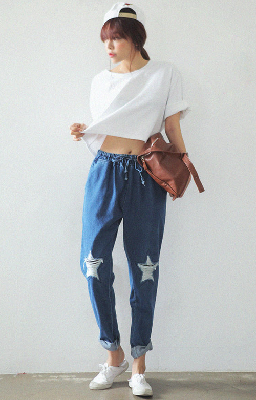 Star Shape Damaged Draw-String Banded Denim Pants