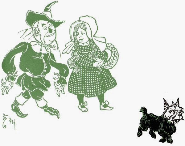 Toto trots on ahead as Dorothy and the Scarecrow talk and follow along.