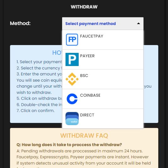 Withdrawal methods in CoinPayz