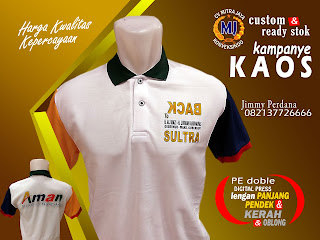 baju kampanye desain dari pelanggan (custom) lengan panjang & pendek bisa kerah atau oblong (katun, pe doble, lacoste, polo shirt, hijet) biasa digunakanuntuk acara kampanye pemilihan bupati-gubernur-walikota sebagai alat atribut promosi calon kepala daerah untuk menyampaikan visi misi kepemimpinannya nanti. baju kaos kampanye dibuat pada masa pemilihan kepala daerah (pilkada) setiap 5 tahun sekali diadakan pemilu-kada yang bertujuan untuk mimilih kembali (inkamben) kepala daerah tersebut dan kami CV MITRA JAYA KONVEKSINDO (jimmy perdana) turut serta dalam acar pilkada (pemilukada) dengan menyediakan keperluan atribut kampanye khususnya baju kaos kampanye pilkada.