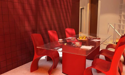 design of dining room for elegance house with red color domimant
