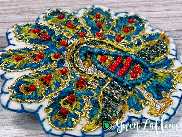 Gwen Lafleur PaperArtsy May 2021 Stamp Release - EGL18 Embroidered Peacock Brooch Closeup