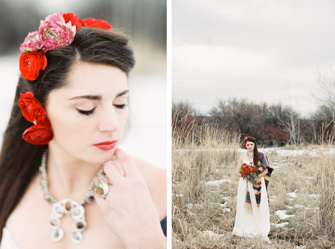 Flowers / Hair / Photography: Orange Photographie / Styling & Flowers: Katalin Green / Hair & Makeup: Alexa Mae / Dress: Coren Moore / Hat & Serape: Vintage / Necklace & Ring: Mountainside Designs / Location: Bozeman, MT 