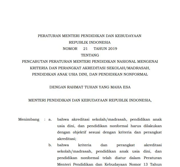 Permendikbud Nomor 21 Tahun 2019