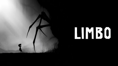 Screenshot of the game Limbo, featuring a black-and-white silhouette of a young boy standing in a dark, eerie forest with a glowing insect in the foreground
