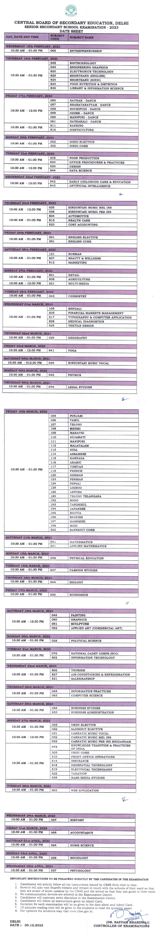 CBSE Class 12 Time Table 2023