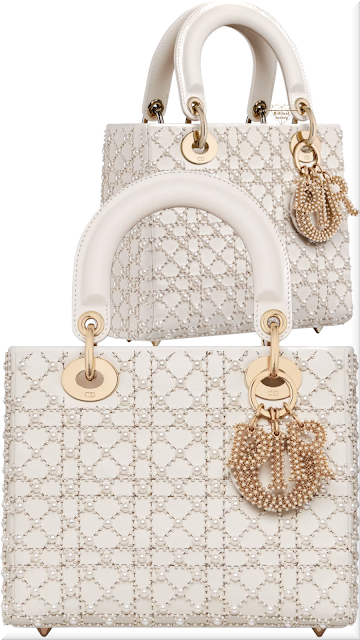 ♦Small Lady Dior bag in latte calfskin embroidered with resin pearl cannage motif #dior #ladydior #bags #white #brilliantluxury