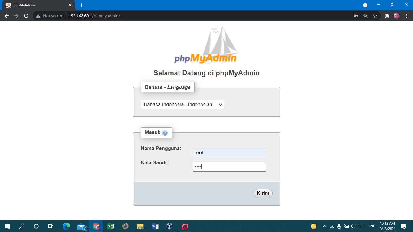 tampilan login phpmyadmin