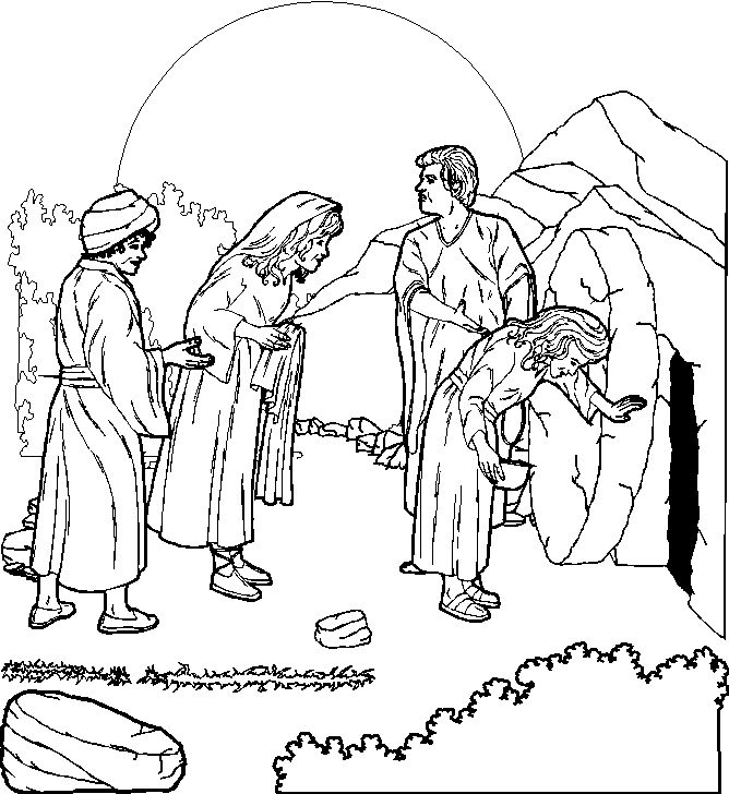  and people looking at empty tomb of Jesus, coloring page for children title=