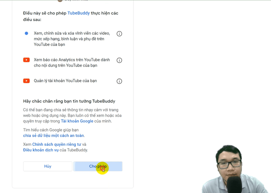 Nhấn cho phép để hoàn thành bước thêm kênh vào TubeBuddy