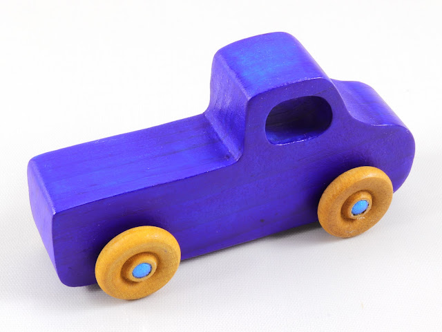 Wood Toy Truck, Handmade and Finished with Bright Transparent Blue With Metallic Blue Acrylic Paint and Amber Shellac