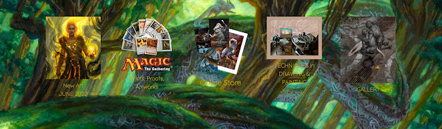 This screen-grab from a rotating series of background images on Donato Giancola’s website uses a detail from one of his paintings t back navigational images for New Art, Magic: The Gathering prints, proofs, and artworks, the Online Store, Techniques in Drawing & Painting instructional materials, and Gallery.