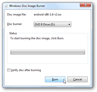 Windows Disc Image Burner how to run android on computer