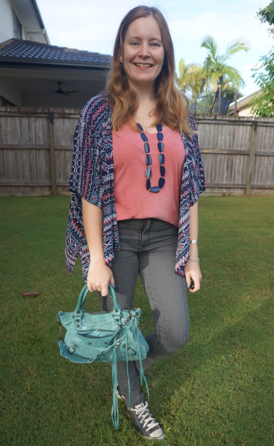 grey jeans, converse, zig zag cover up pink tee turquoise Balenciaga first bag | awayfromblue