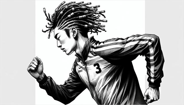 A monochrome technical art style concept illustration of a Japanese man with short dreadlocks, jogging. The image should be in a wide format, focusing on the dynamic motion of jogging and the detailed textures of his attire, capturing the energy and flow of the movement in a monochromatic palette.