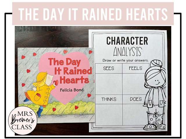 The Day it Rained Hearts book activities unit with literacy printables, reading comprehension activities, lesson ideas, and craft for Kindergarten and First Grade