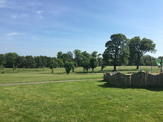 A grassy field with a few trees and playpark on the right.
