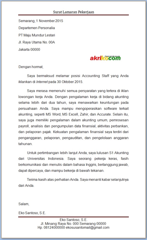 Contoh Surat Lamaran Kerja Terbaru 2015 - ben jobs