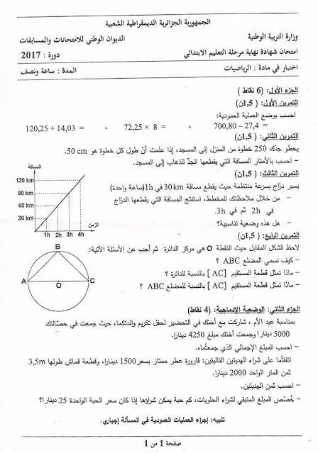 موضوع امتحان الرياضيات لشهادة التعليم الابتدائي 2017