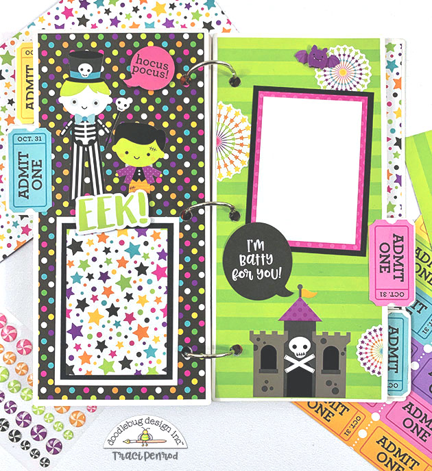 Candy Carnival Halloween Scrapbook Album page with skeleton, castle, and stars