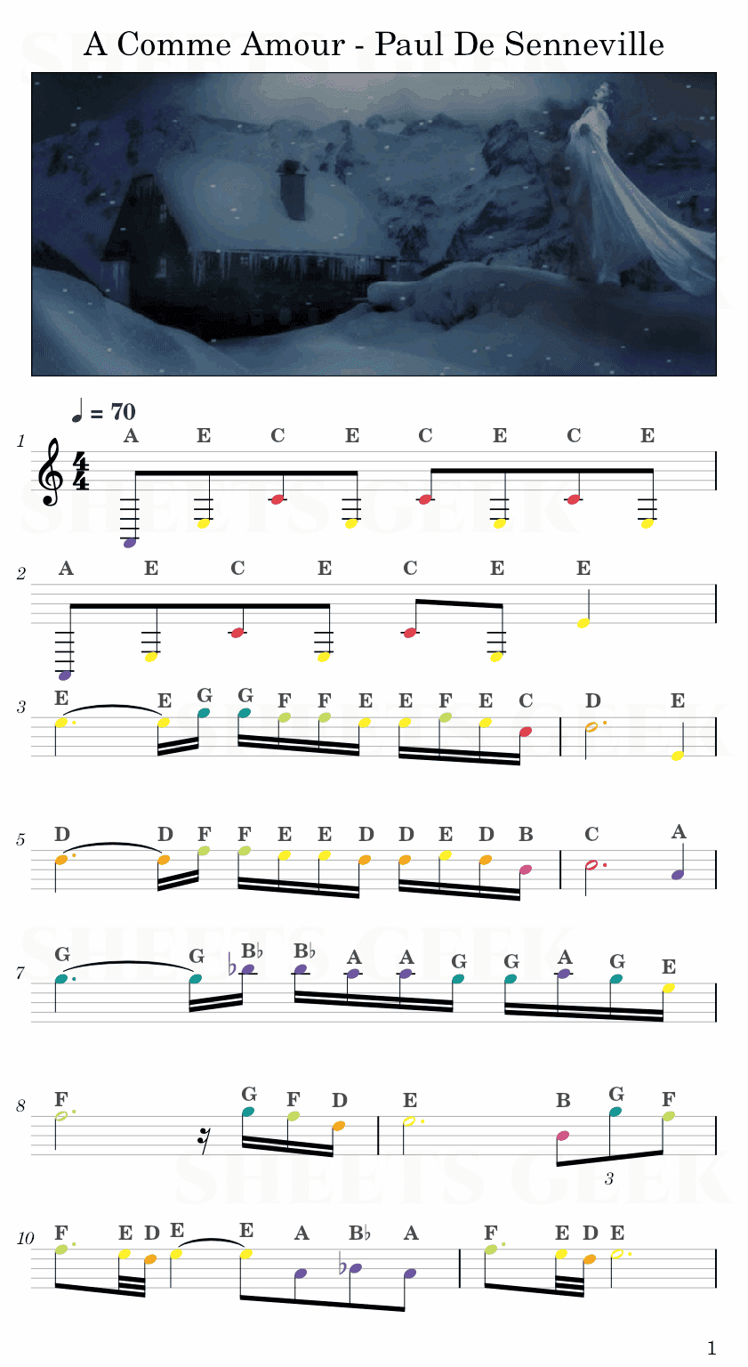 A Comme Amour - Paul De Senneville Easy Sheet Music Free for piano, keyboard, flute, violin, sax, cello page 1