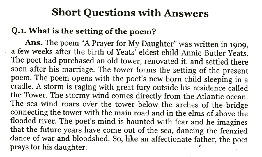 Prayer for My Daughter – W. B. Yeats - Short Questions with Answers