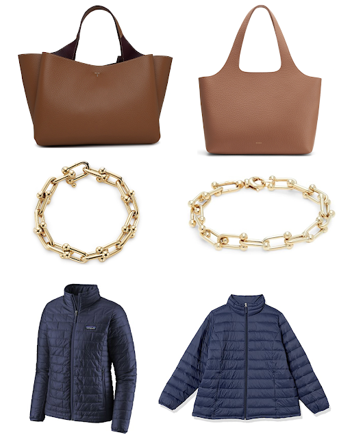 Splurge vs. Save: Handbag, gold bracelet, and packable puffer jacket