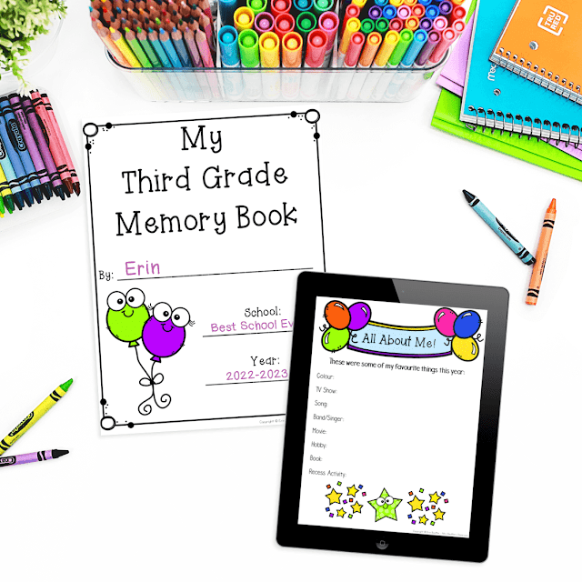 Photo of printable and digital memory books with school supplies on white surface.