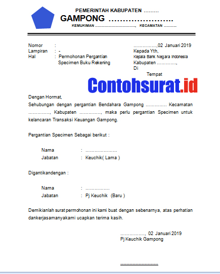 Contoh Surat Pergantian Specimen Tanda Tangan Bank