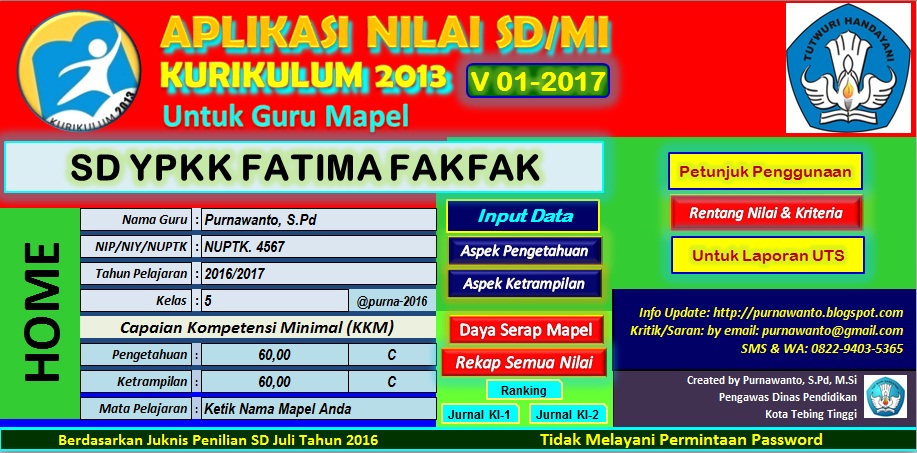 APLIKASI NILAI RAPORT SD/MI KURIKULUM 2013 TAHUN 2017 