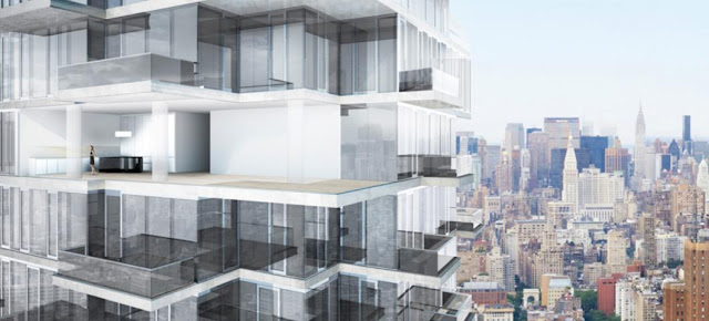 Rendering of upper floors of 56 Leonard Street by Herzog & De Meuron with New York City in the bacground